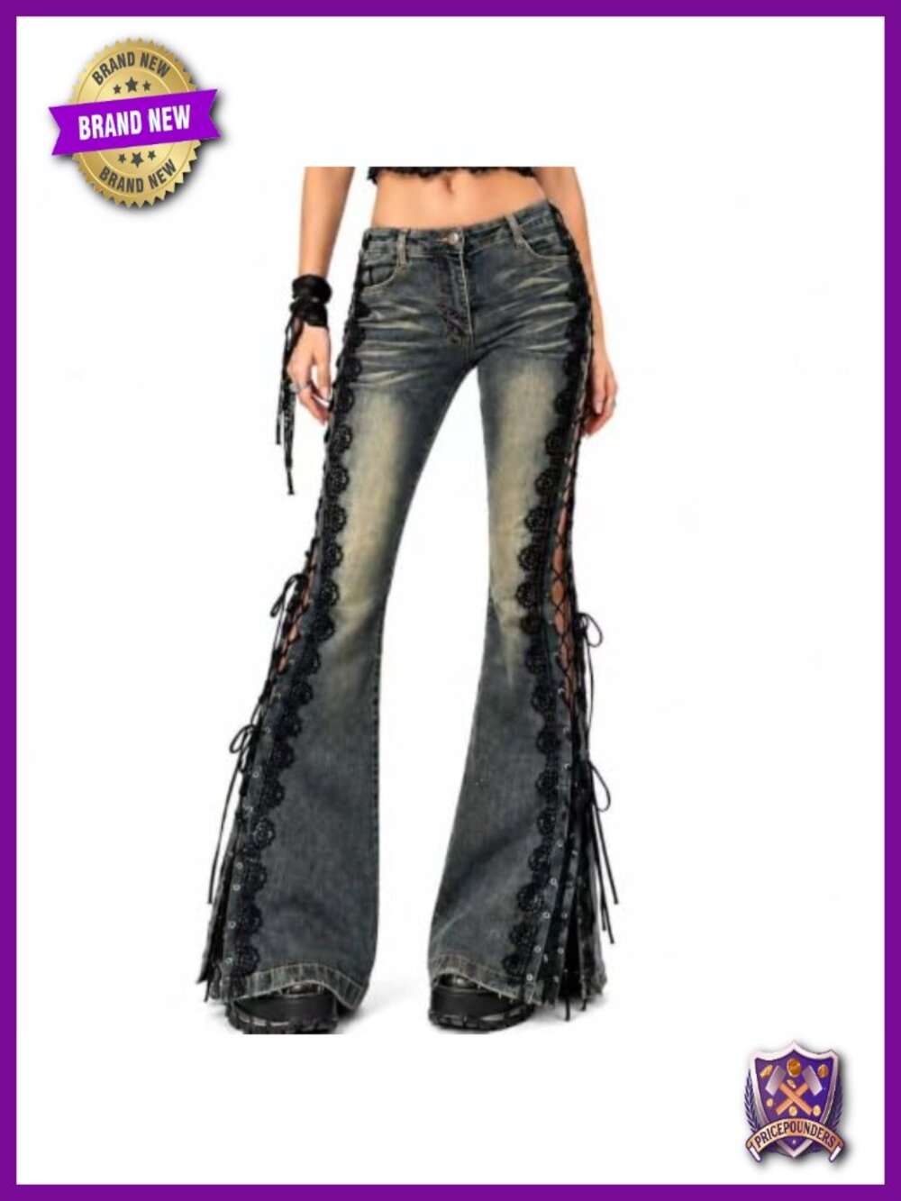 Womens Y2K Low Rise Stretch Flare Jeans Side Lace Up Bell Bottoms
